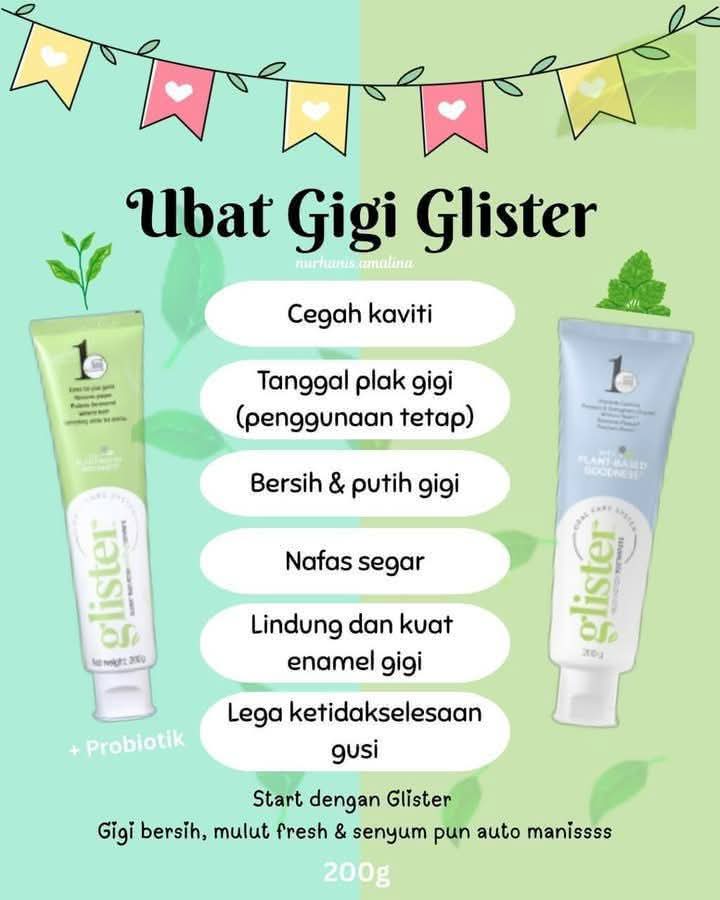 🦷 Glister Toothpaste
 pilihan bijak untuk senyuman sihat! 
• Travel Size 50g — ringan &amp; mudah dibawa ✈️
• Big Size 200g — tahan lama &amp; super jimat 💸
• Kuatkan enamel, putihkan gigi, &amp; segarkan nafas sepanjang hari 😁

📲 Order terus di Telegram: t.me/naje_shop
