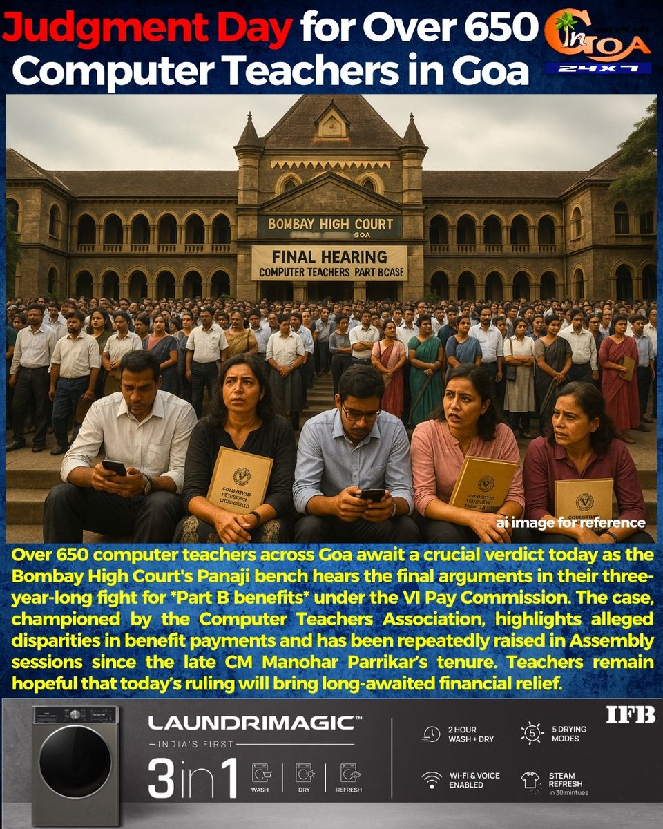 InGoa24x7's tweet photo. Over 650 computer teachers across Goa await a crucial verdict today as the Bombay High Court's Panaji bench hears the final arguments in their three-year-long fight for *Part B benefits* under the VI Pay Commission.
#goa #goanews #computerteachers #highcourt #paycommission https://t.co/USHpPrwP2w