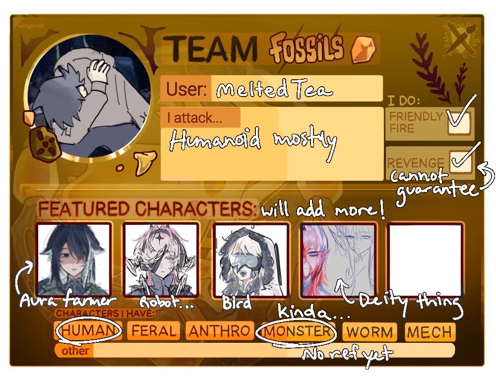 Teaq01's tweet image. Now that I’ve finally finished most of the refs I’ve wanted,,
Drop your Artfight profiles/characters, I am looking for targets!

My af: artfight.net/~MeltedTea
#artfight2025 #artmoots