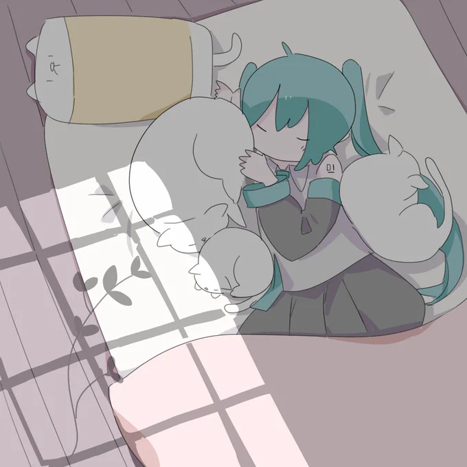 クーラーのきいた部屋で猫ちゃんとミクちゃん 過去絵