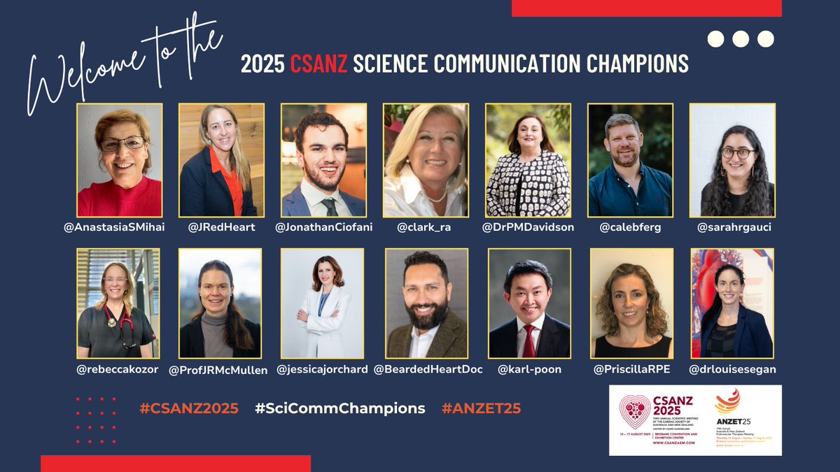 We are thrilled to introduce the inaugural
2025 CSANZ Science Communication Champions!
A new #CSANZ2025 #ANZET25 initiative to help disseminate the brilliant science, emerging young investigators and fabulous speakers at csanzasm.com  and anzet.com.au   1/2