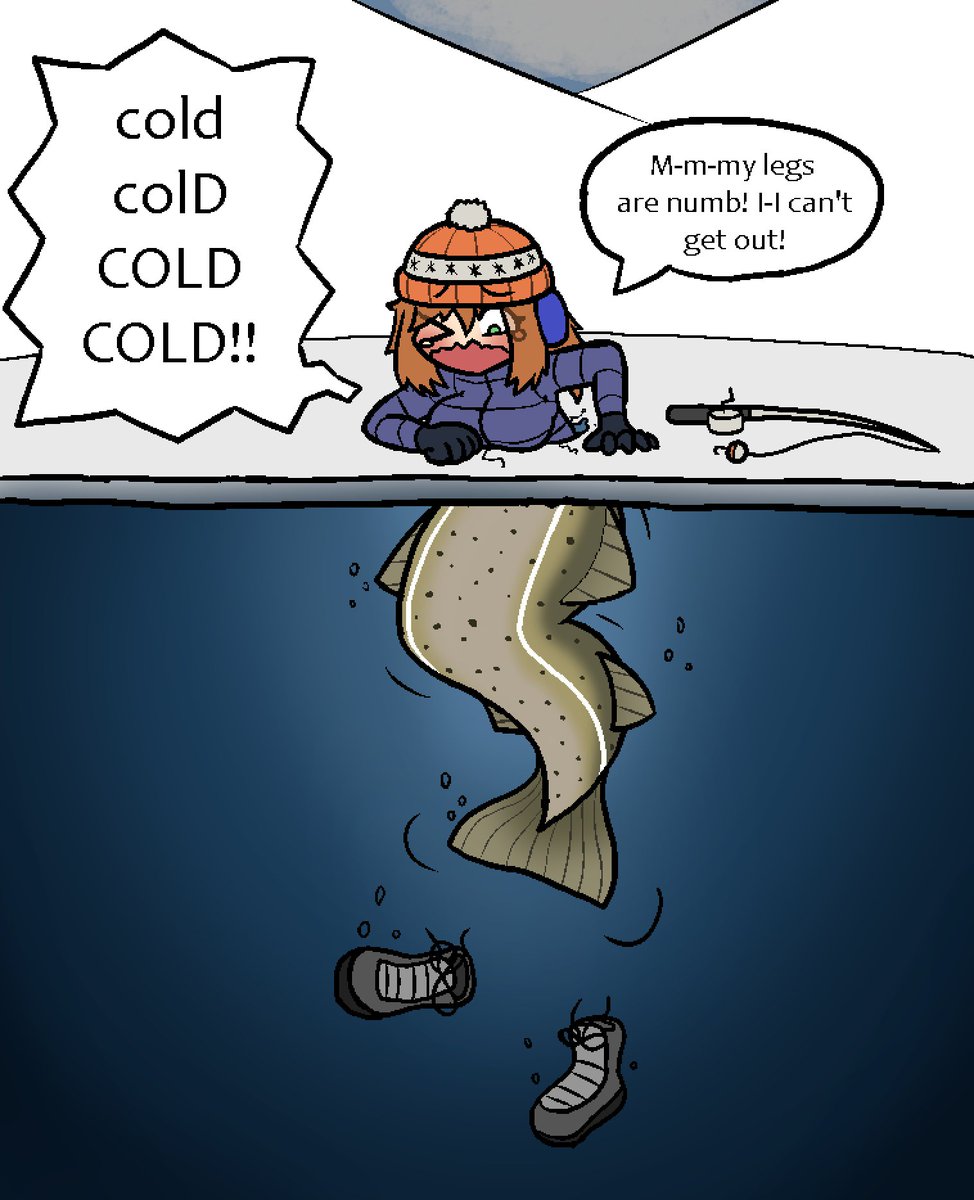 okseriouslywat's tweet photo. Redraw of an old idea: Ice fisher falls into her hole, only to end up turning into an Atlantic Cod mermaid as she struggles to get out https://t.co/OqsDlNxnsR