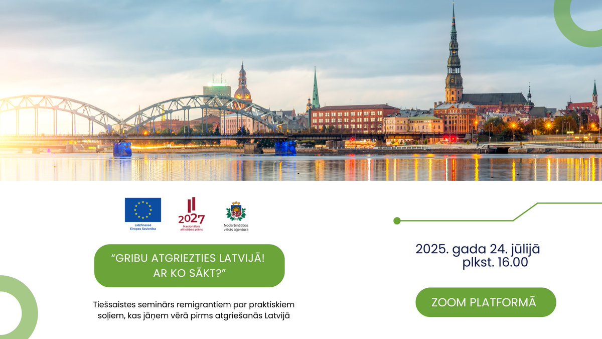 NVA Latvija (@nva_gov_lv) on Twitter photo ⏰ 24. jūlijā plkst. 16.00 tiešsaistes platformā Zoom norisināsies tiešsaistes seminārs “Gribu atgriezties Latvijā! Ar ko sākt?”.
✍️ Dalībai tiešsaistes seminārā var pieteikties elektroniski, aizpildot pieteikuma anketu līdz 22.07 lnkd.in/eDDqXaP8
@lab_min <a href="/reinisuzulnieks/">Reinis Uzulnieks</a> ⏰ 24. jūlijā plkst. 16.00 tiešsaistes platformā Zoom norisināsies tiešsaistes seminārs “Gribu atgriezties Latvijā! Ar ko sākt?”.
✍️ Dalībai tiešsaistes seminārā var pieteikties elektroniski, aizpildot pieteikuma anketu līdz 22.07 lnkd.in/eDDqXaP8
@lab_min <a href="/reinisuzulnieks/">Reinis Uzulnieks</a>