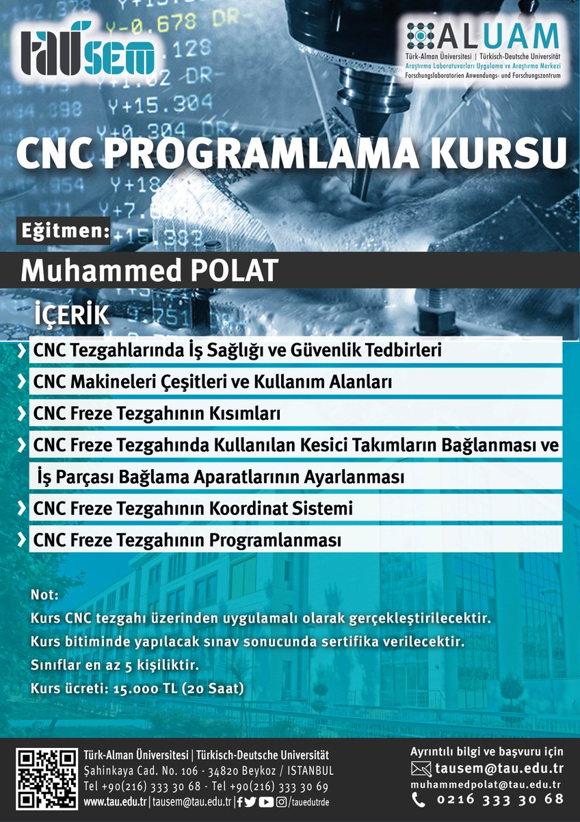 TAÜ-SEM (@tau_sem) on Twitter photo TAÜ-SEM kapsamında düzenlenen Uygulamalı CNC Operatörlüğü ve Programlama Kursu için ön kayıtlar devam ediyor. Ayrıntılı bilgi ve ön kayıt formuna ulaşmak için 👉tausem.tau.edu.tr/cnc-programlam… TAÜ-SEM kapsamında düzenlenen Uygulamalı CNC Operatörlüğü ve Programlama Kursu için ön kayıtlar devam ediyor. Ayrıntılı bilgi ve ön kayıt formuna ulaşmak için 👉tausem.tau.edu.tr/cnc-programlam…