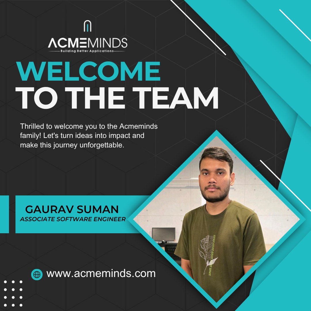 AcmemindsPvt's tweet image. 🌟 Welcome to the Team, Gaurav Suman! 🌟

We’re thrilled to welcome Gaurav Suman to the AcmeMinds family as an Associate Software Engineer! 
#WelcomeToTheTeam #NewJoiner #AssociateSoftwareEngineer #AcmeMinds #TechTalent  #Trending