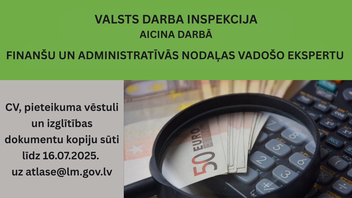 Darba inspekcija (@darbainspekcija) on Twitter photo #TEIRDARBS
VDI izsludina konkursu uz vakanto Finanšu un administratīvās nodaļas vadošā eksperta amatu uz nenoteiktu laiku.
Piesakies līdz 16.07.2025., sūtot pieteikuma dokumentus uz e-pastu – atlase@lm.gov.lv.
Plašāka informācija: cvvp.nva.gov.lv/#/pub/vakances… #TEIRDARBS
VDI izsludina konkursu uz vakanto Finanšu un administratīvās nodaļas vadošā eksperta amatu uz nenoteiktu laiku.
Piesakies līdz 16.07.2025., sūtot pieteikuma dokumentus uz e-pastu – atlase@lm.gov.lv.
Plašāka informācija: cvvp.nva.gov.lv/#/pub/vakances…