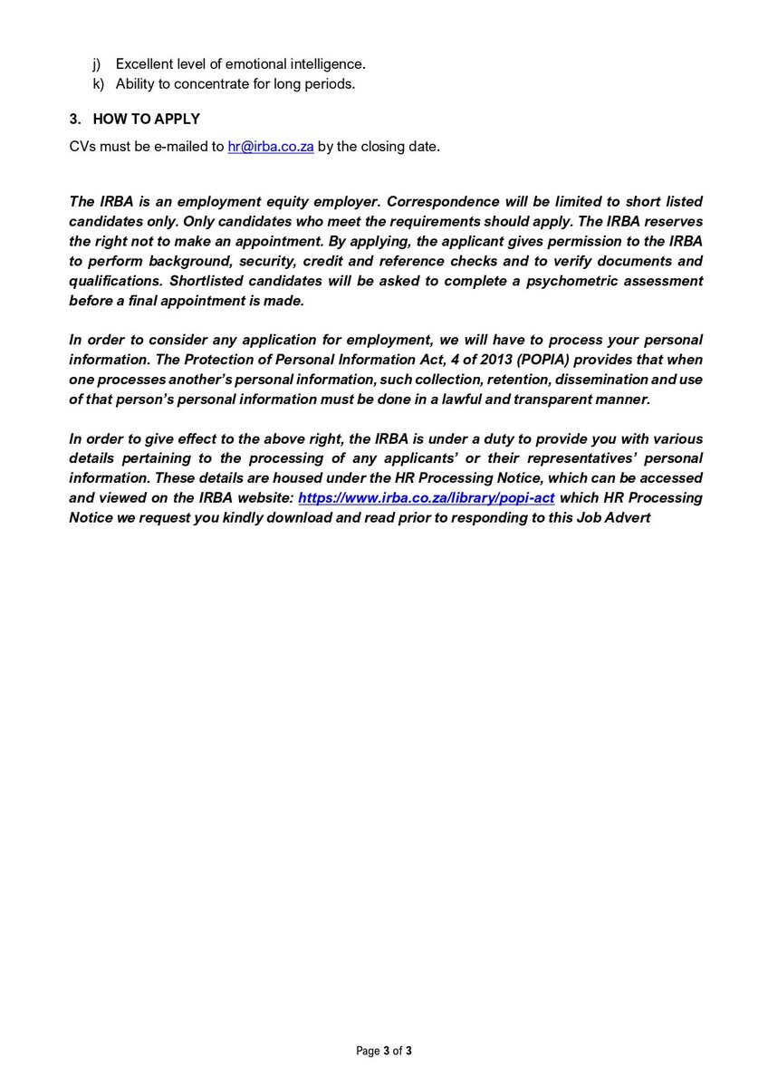 Carol B. 🇿🇦 (@carolboitumelo1) on Twitter photo Independent Regulatory Board for Auditors (IRBA) is hiring a Administration Officer.
Closing Date: 22 July 2025
Email your CV to hr@irba.co.za Independent Regulatory Board for Auditors (IRBA) is hiring a Administration Officer.
Closing Date: 22 July 2025
Email your CV to hr@irba.co.za