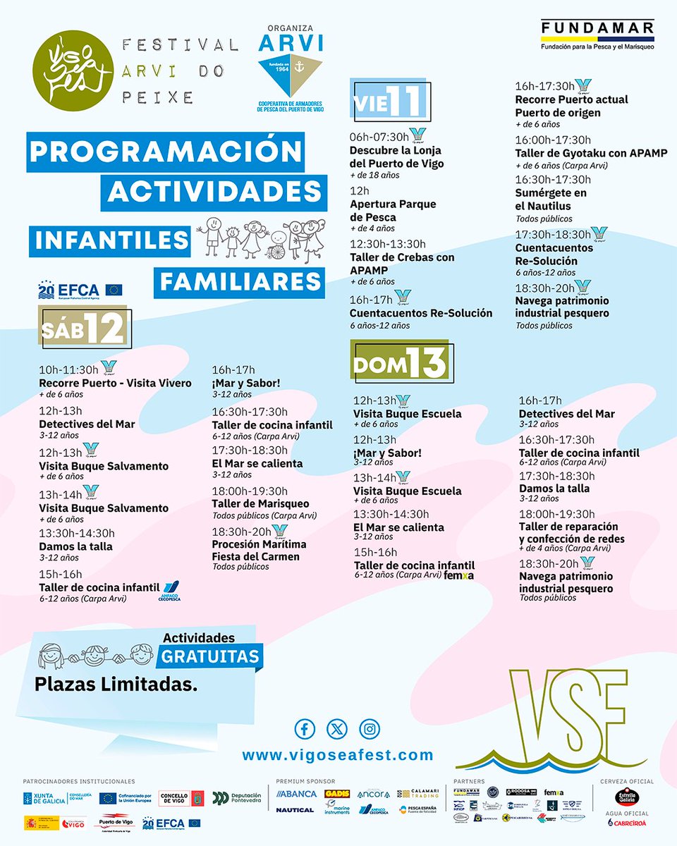 En esta 6ª edición del Vigo SeaFest, venimos cargados de actividades para dar a conocer, de primera mano, el sector marítimo pesquero de Vigo.
Consulta en nuestra web vigoseafest.com la descripción de cada actividad.