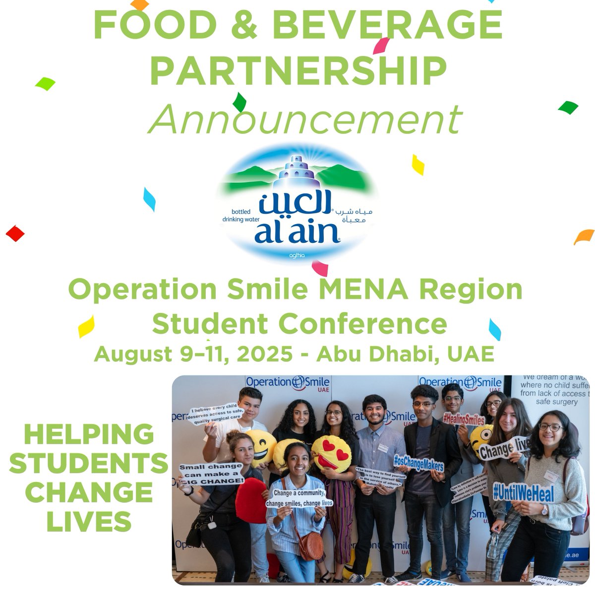 Announcement! #FoodBeverage Partner - <a href="/AlAinWaterME/">Al Ain Water 💧</a> 
We are honored to welcome #AlAinwater as a partner for the <a href="/operationsmile/">Operation Smile</a>  

#MENAStudentConference2025
#OperationSmileUAE #YouthEmpowerment #globalnonprofit <a href="/operationsmile/">Operation Smile</a> #cleftconditions #cleftlipandpalate #UAE