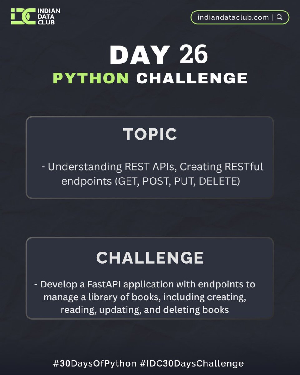 DARSHIL_Analyst's tweet image. #Day26 of #30DaysPythonChallenge 🐍 of @indiandataclub
🔹 Built a CRUD Book App with FastAPI
✅ POST, GET, PUT, DELETE using Swagger UI
💡 Used Pydantic to model and validate data
I’m starting to love FastAPI x Pydantic combo!
#FastAPI #Python #APIs #IndianDataClub