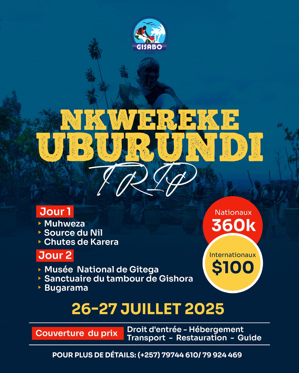 GisaboTours (@gisabot) on Twitter photo As <a href="/GisaboT/">GisaboTours</a> has promised to take you to different attractions on July 26 & 27, 2025, please make sure to reserve your seat.
#NkwerekeUburundi As <a href="/GisaboT/">GisaboTours</a> has promised to take you to different attractions on July 26 & 27, 2025, please make sure to reserve your seat.
#NkwerekeUburundi