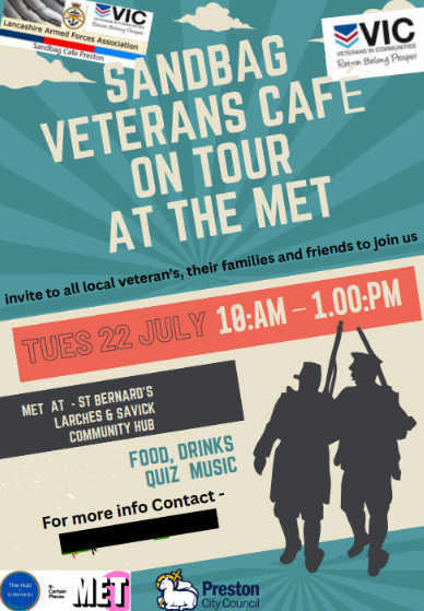 prestoncouncil's tweet image. 📢 Calling all Veterans - the Sandbag Veterans Café is going on Tour!
📅 Tuesday 22 July
🕰️ 10am - 1pm
📌 The MET: St Bernard's Hub, Elswick Road, Ashton, PR2 1NT
🚌 Transport is available, if needed please contact Emma at caffrey.emma1979@gmail.com