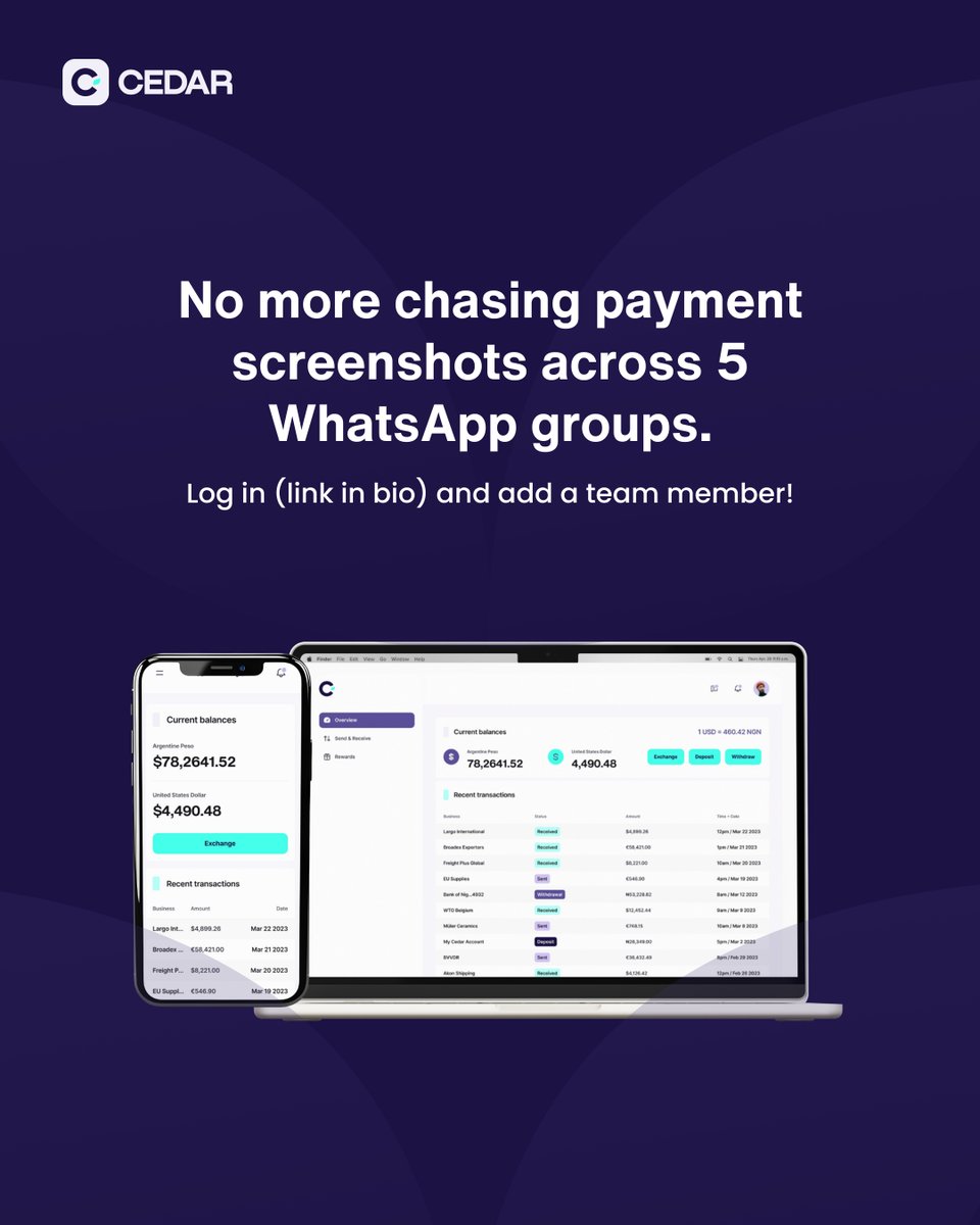 cedar_money's tweet image. Cross-border payments are a team sport, and at scale, they demand more than just one pair of hands.

When you&apos;re managing payments across countries, currencies, and compliance rules, it&apos;s never a one-person job. You have the CFO who needs full visibility, The operations lead who…