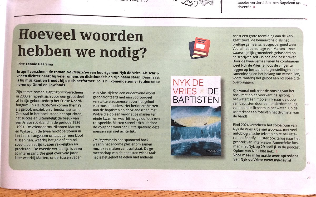 Nykdevries's tweet image. Mooie recensies over 'De Baptisten' in het Friesch Dagblad en Dwars (krant van Amsterdam-Oost), plus drie leestips in Trouw n.a.v. mijn nieuwe roman: van Tommy Wieringa, @abdelkabenali en Jeanette Winterson. 'De Baptisten' bestel je hier:
libris.nl/singeluitgever…