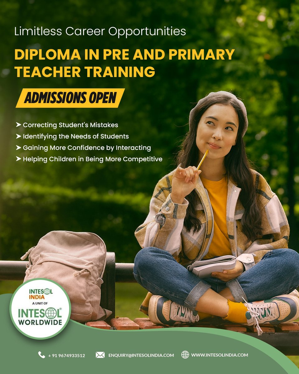Intesol stands out as a leading teacher training institute in India, offering a comprehensive Diploma in Pre and Primary Teacher Training. 

🌐 intesolindia.com
.
#preandprimary #teachers #teachertraining #certification

[pre and primary, teacher training, certification]