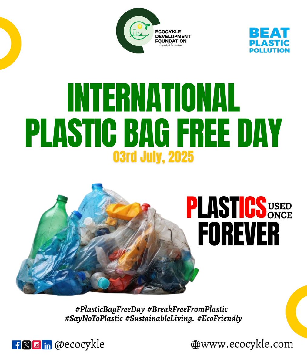 ecocykle's tweet image. International Plastic Bag Free Day
Over 5 trillion plastic bags are used each year, and most end up polluting our streets, waterways, and harming wildlife.
What you can do:
📍 Carry reusable bags
📍 Say no to single-use plastics
📍 Educate others
#PlasticFreeBagDay
