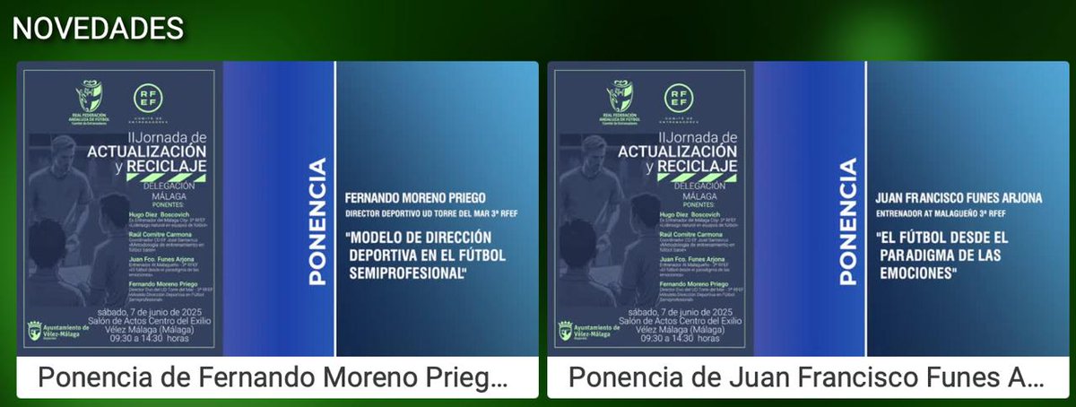 📒 𝙀𝙣𝙩𝙧𝙚𝙣𝙖𝙙𝙤𝙧𝙚𝙨 𝙍𝙁𝘼𝙁  

📋 Jornada de actualización y reciclaje en Málaga 

🗣️ Fernando Moreno, director deportivo UD Torre del Mar 3ª #RFEF 
🗣️ Juan Francisco Funes, entrenador At Malagueño 3ª RFEF

📺 En Novedades de #RFAFtv