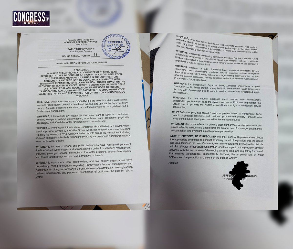 CongressTVD's tweet photo. TINGNAN: Resolusyong nananawagan ng imbestigasyon sa mga hinaing at reklamo sa Prime Water, inihain sa Kamara
#congresstvdigital #congresstv #congressnews #kamara #houseofrepresentatives #RepPaoloOrtega #PAOwer #RepJayKhonghun #Primewater https://t.co/pWaxm7cu5w