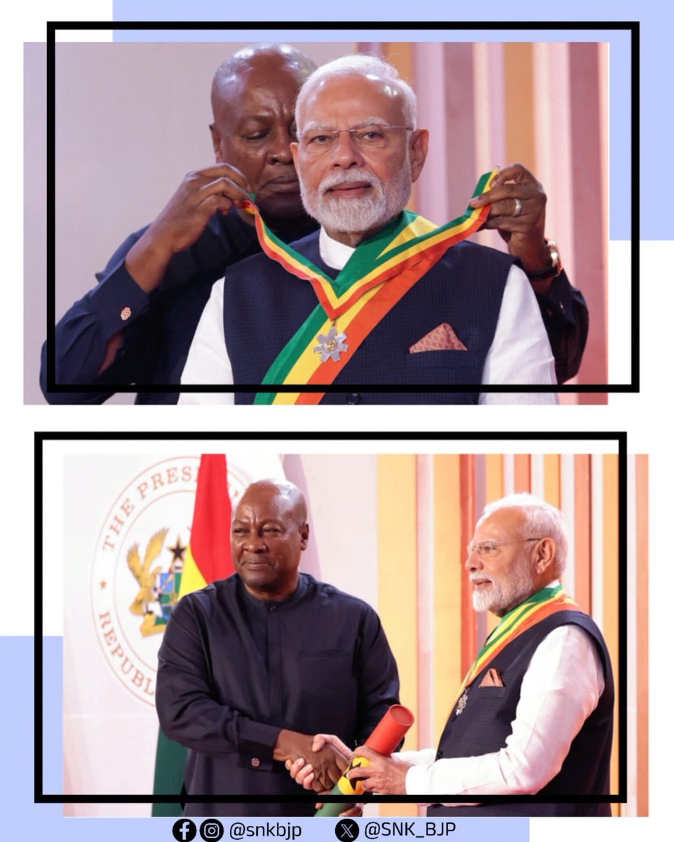 SNK_BJP's tweet image. Honoured with Ghana’s highest civilian award — “The Officer of the Order of the Star of Ghana”, PM @narendramodi ji continues to shine as a global statesman. 🌍

A proud moment for every Indian as this award reflects the strength of 1.4 billion voices.

#ModiInAfrica #GlobalModi