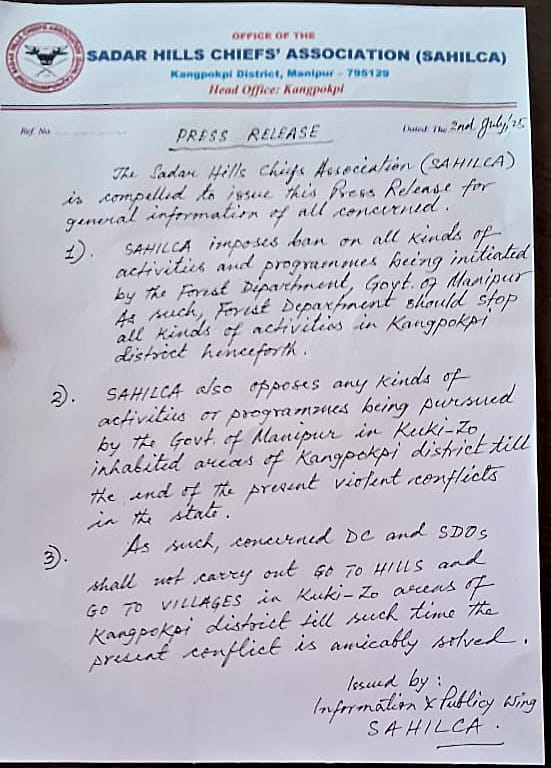 Kamginthan40473's tweet photo. Sadar hills chiefs association (SAHILCA) press release that to bandh all kinds of #ManipurGoverment such as #ReserveForest #GoToHills #GoToVillages in #KangpokpiDistrict with immediate effect.
Until or unless #KukiCommunity political demand is meet.
@power_corridors @ndtv https://t.co/pEX1rWkCWp