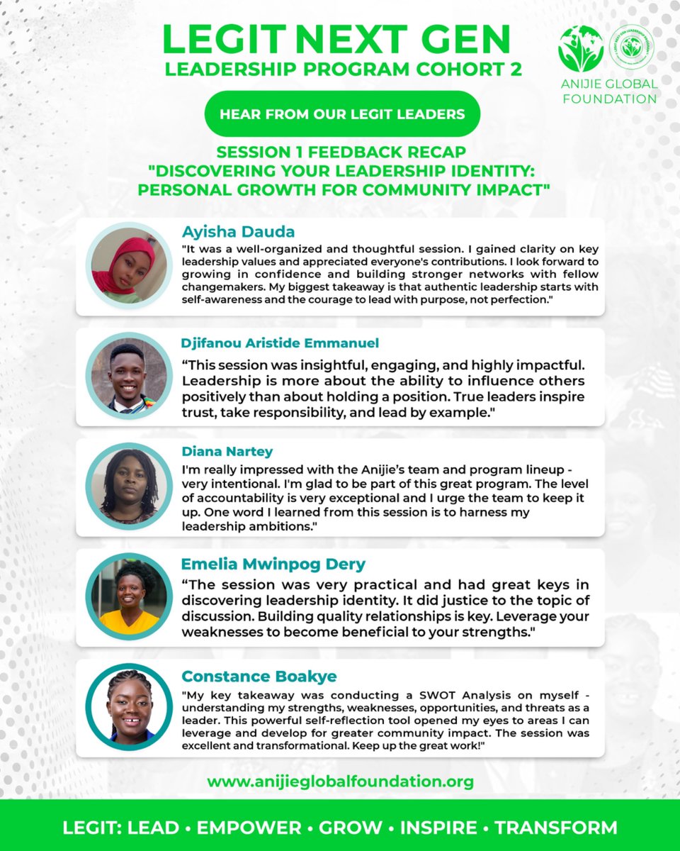 AnijieGlobal's tweet image. ๐ฅ LEGIT SESSION 1 FEEDBACK IS POWERFUL! ๐ฅ
โDiscovering Your Leadership Identityโ hit different!
Big thanks to our LEGIT Speaker @AnitaNhyira1 for this transformational session!
#LegitNGL #AnijieGlobalFoundation #LEGITLeader #Changemakers #YouthEmpowerment #youthlead