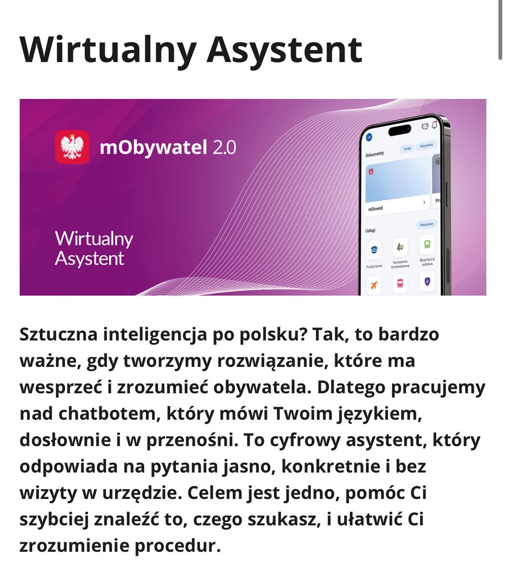 Adam Czarnecki (@czardam) on Twitter photo Pan Minister <a href="/DStanderski/">Dariusz Standerski</a> zapowiada, że do końca roku <a href="/CYFRA_GOV_PL/">Ministerstwo Cyfryzacji</a> będzie gotowe z wdrożeniem asystenta AI w mObwyatelu.
Asystent oparty będzie o polski model językowy PLLuM🫡
Trzymam kciuki i powodzenia💪
#TAKdlaRozwoju Pan Minister <a href="/DStanderski/">Dariusz Standerski</a> zapowiada, że do końca roku <a href="/CYFRA_GOV_PL/">Ministerstwo Cyfryzacji</a> będzie gotowe z wdrożeniem asystenta AI w mObwyatelu.
Asystent oparty będzie o polski model językowy PLLuM🫡
Trzymam kciuki i powodzenia💪
#TAKdlaRozwoju