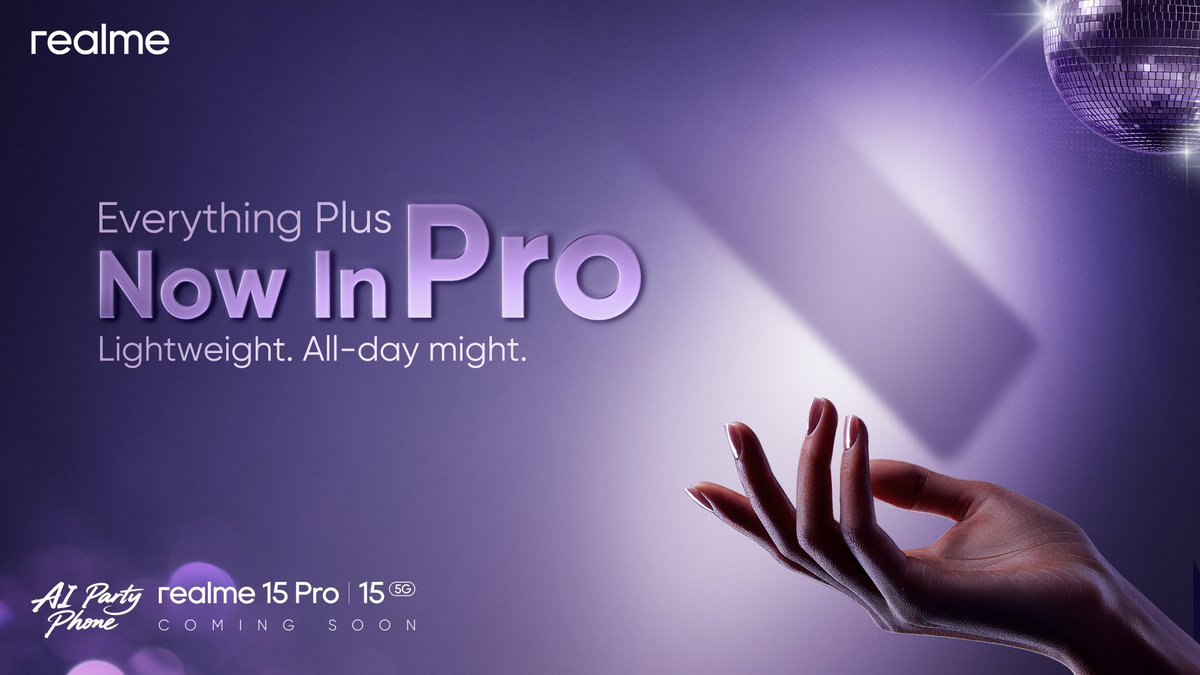 Lightweight and powerful, bursting with energy
Designed to keep the vibes going for days.

Everything Plus. Now in Pro.

Stay tuned for the upcoming #AIPartyPhone

Learn more:
bit.ly/3I7tQkX
bit.ly/4kbarg9

#realme15Pro5G #realme15Series5G