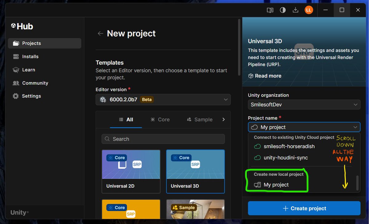 I found that the new Unity Hub 3.13 actually does have an option to create a Local project not connected to Unity Cloud, you have to scroll all the way down to the bottom of this menu to find it.

(No need to create it connected to Cloud and disconnect it afterwards as believed.)