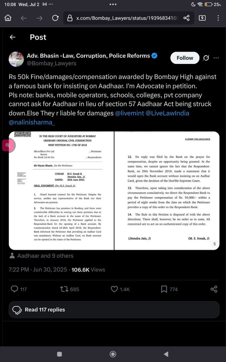 ScImItar ⚔️ (@scimitar_ss) on Twitter photo This is absolutely fantastic. Dudes, you can use this latest judgement whenever you are being illegally blackmailed for #Aadhaar
U have to push this hydra back harder
Many thanks to <a href="/Bombay_Lawyers/">Adv. Bhasin -Law, Corruption, Police Reforms</a>
for working on this critical issue. Wish more lawyers had similar awareness This is absolutely fantastic. Dudes, you can use this latest judgement whenever you are being illegally blackmailed for #Aadhaar
U have to push this hydra back harder
Many thanks to <a href="/Bombay_Lawyers/">Adv. Bhasin -Law, Corruption, Police Reforms</a>
for working on this critical issue. Wish more lawyers had similar awareness