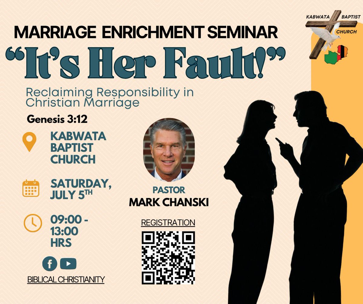 ConradMbewe's tweet image. Two more days to go. We're praying for safe travel for our speaker, Mark Chanski. He's the well-known author of MANLY DOMINION and WOMANLY DOMINION. He has been a pastor and has been married with his wife Dianne for 43 years. He must know what he is talking about. Come and learn!