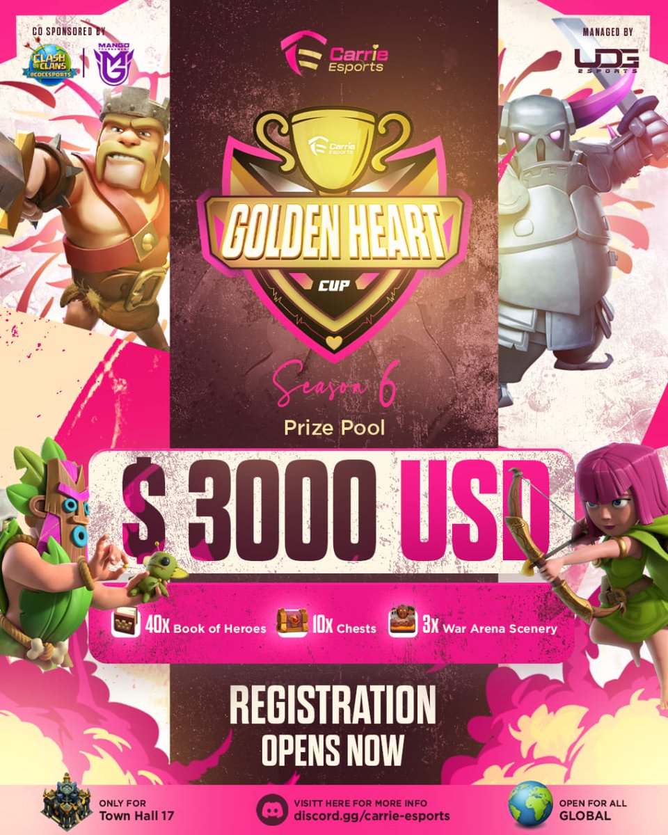 EsportsCarrie's tweet photo. 💛 GOLDEN HEART CUP SEASON 6 - REGISTRATION IS LIVE! 

📝 Only 256 Slots For Each Monthly Qualifier
 
Register now and let the gaming madness begin! 
Server Link :- https://t.co/jWiUMEqXFg

#GHC  #CARRIE #COCEsports https://t.co/U7SXN0Bne3