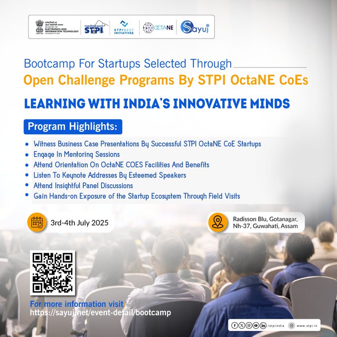 Empowering Innovators Selected Through STPI OctaNE CoE, Northeast India! 

 STPI OctaNE CoE is set to host a Bootcamp for startups selected through its latest Open Challenge Programs
<a href="/stpiindia/">STPI</a> <a href="/stpiguwahati/">STPI GUWAHATI</a> <a href="/arvindtw/">Arvind Kumar</a> <a href="/GoI_MeitY/">Ministry of Electronics & IT</a>