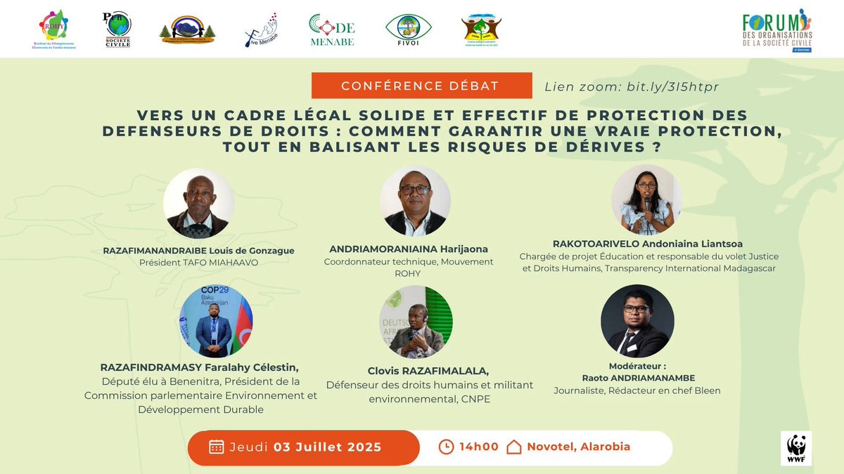 WWF Madagascar (@wwf_mada) on Twitter photo Today’s agenda for the CSO Forum:
✅ 10:00 AM - Local dynamics in service of governance (bit.ly/4kubvw4)
✅ 11:00 AM - Investments vs community rights - how to balance? bit.ly/4kubvw4)
✅ 2:00 PM - Protection for human rights defenders? (bit.ly/4kjxYLU) Today’s agenda for the CSO Forum:
✅ 10:00 AM - Local dynamics in service of governance (bit.ly/4kubvw4)
✅ 11:00 AM - Investments vs community rights - how to balance? bit.ly/4kubvw4)
✅ 2:00 PM - Protection for human rights defenders? (bit.ly/4kjxYLU)