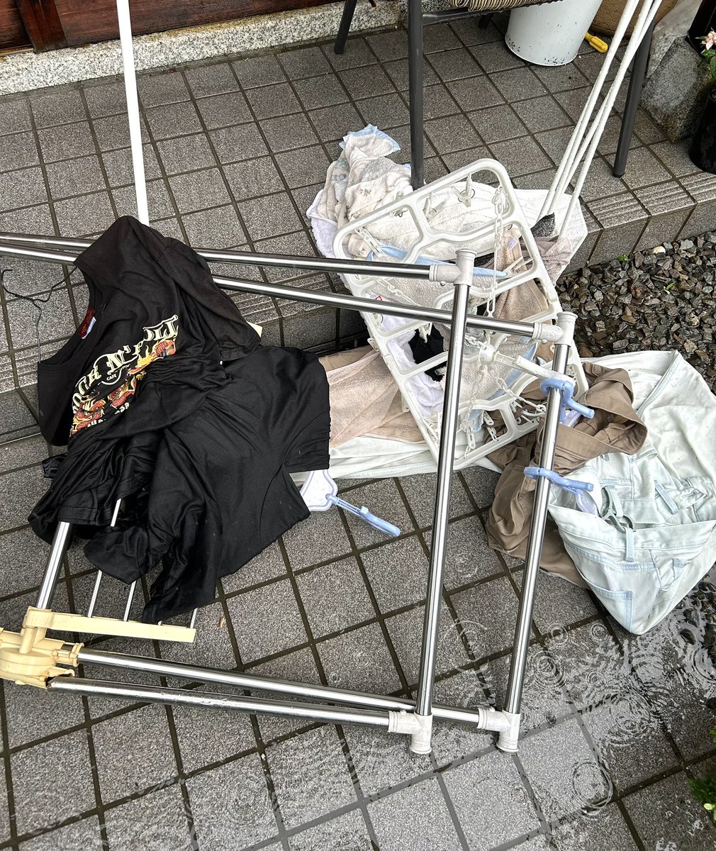 ははははははは🤣
ここまでなるとかえって清々しいわ✨

にわか雨があるかもと思って軒下に干して、帰ってみたらグッチャグチャ💦