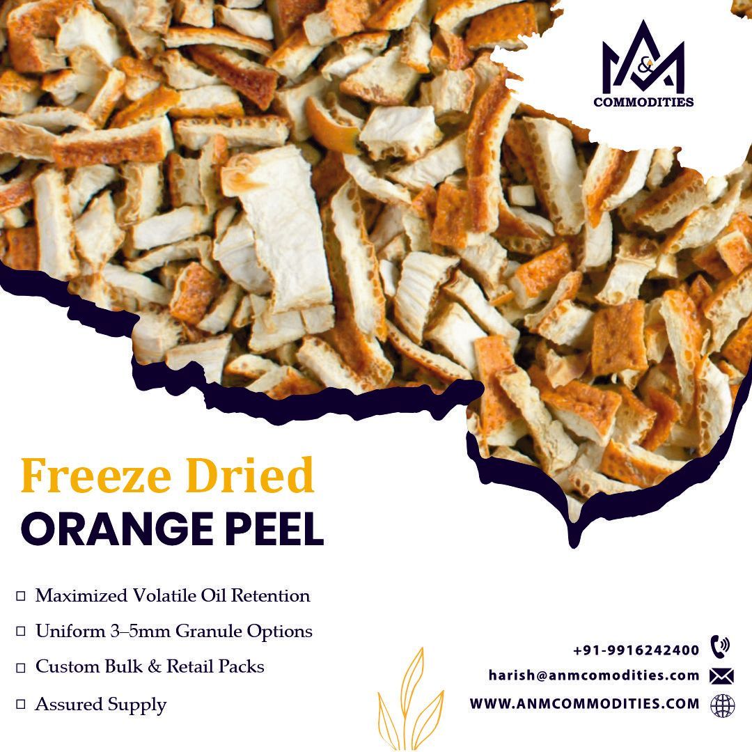 Premium Freeze Dried Orange Peel – available in 5 mm, 5x5 mm &amp; powder for tea blends, bakery &amp; nutraceuticals. Bulk, hygienic, export-ready.
📦 Supplying USA, Japan, Germany.
🔗 anmcommodities.com

#FreezeDried #OrangePeel #B2BIngredients #FoodExport #TeaBlend