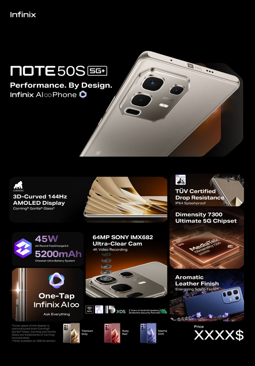 InfinixKenya's tweet image. Meet your next upgrade, NOTE 50s 5G  now available with cool specs i.e.
-Curved 6.78″ FHD+ AMOLED 144 Hz display
-Dimensity 7300 4 nm processor 
 -64 MP SONY IMX682 Camera

Available at Ksh. 32,799

#Infinix #NOTE50s5G #NOTE50Series #FlagshipPerformanceWithAI #InfinixAI