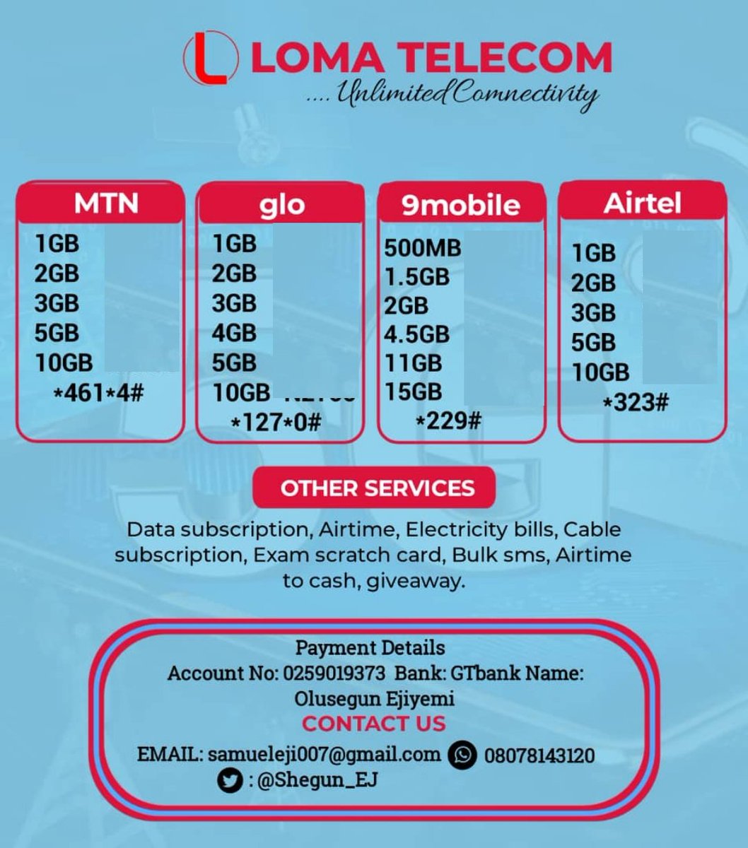Shegun_Eji's tweet image. ☎️     𝘓𝘖𝘔𝘈 𝘋𝘈𝘛𝘈 𝘏𝘜𝘉

📺 TV Cable Subs
📚 Exams PIN
📱Airtime
💰 Bet Funding
📢 Advertisement– Boost your brand with our promo packages!

🚀 FAST | AFFORDABLE | RELIABLE
Your One-Stop Data &amp;amp; Utility Solution!
1Gb - ₦800
#LomaDataHub #FastService