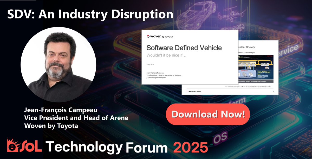 eSOL_Global's tweet image. During our recent eTF2025 event, Woven by Toyota’s Vice President and Head of Arene Jean-François Campeau addressed the issues facing legacy OEMs in the rise of new competitors.
Download the presentation here: hubs.li/Q03vL7M60
#WovenByToyota #SDV @Woven_Toyota