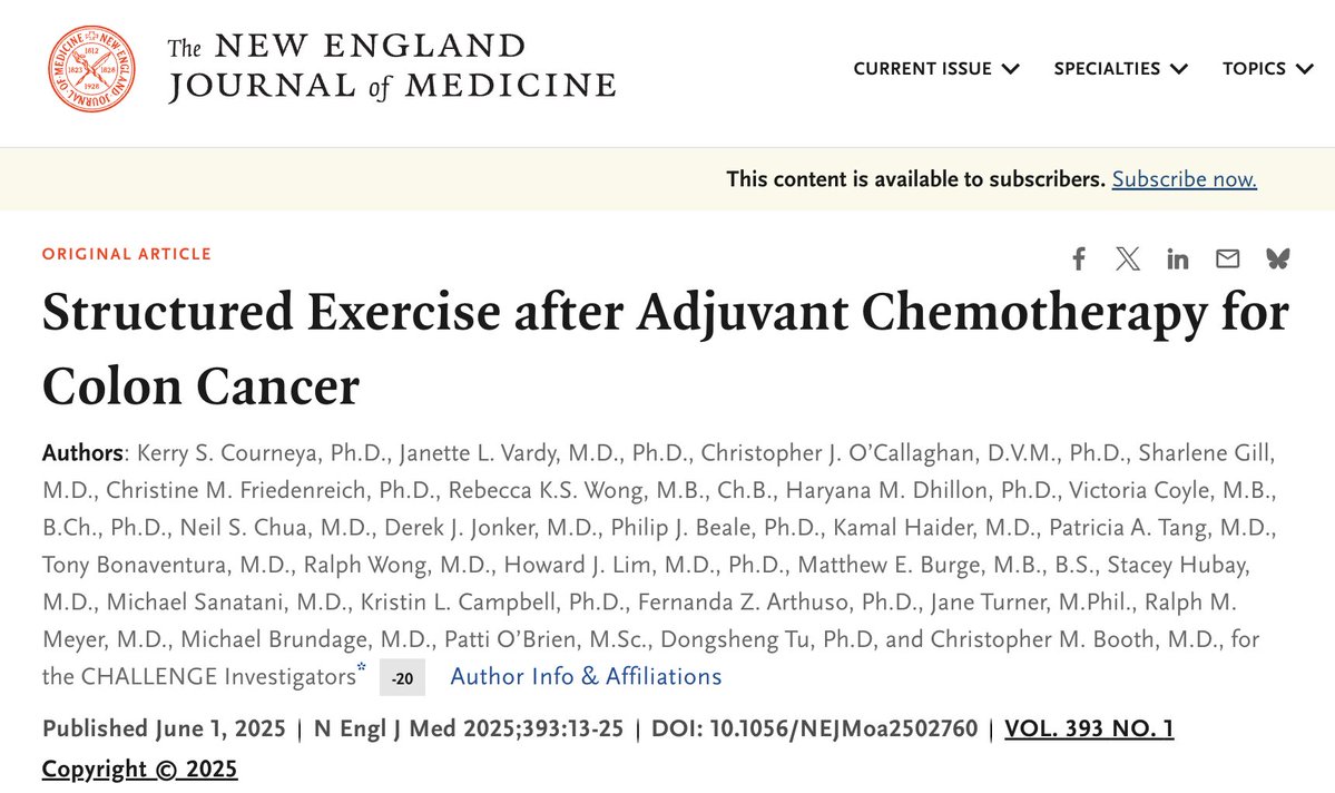 Exercizumab is real.
Aerobic exercise cut colon cancer recurrence + death.
It’s time to combine movement with medicine  not one or the other.
#oncology #Cancer <a href="/NEJM/">NEJM</a> <a href="/OncoAlert/">OncoAlert</a> <a href="/ASCO/">ASCO</a> #ASCO25 
DOI: 10.1056/NEJMoa2502760