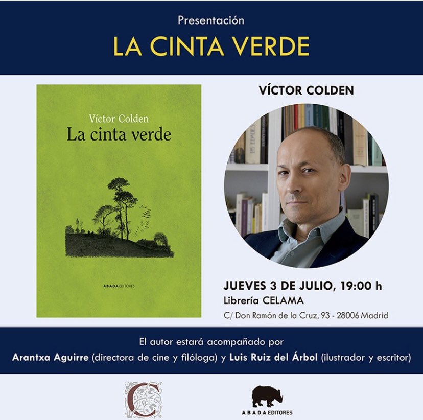 fromthetree (@thefromthetree) on Twitter photo Esta tarde acompañaré al gran <a href="/VicColden/">Víctor Colden</a> en la presentación de su precioso libro de relatos “La cinta verde”. Será a las 19:00 en <a href="/libreriacelama/">Librería Celama</a> (a cargo de <a href="/AudreyRdP/">𝑨𝒏𝒅𝒓𝒆𝒂 𝑹𝒆𝒚𝒆𝒔</a>)
A lo importante: el libro es sencillamente extraordinario. Si queréis una buena lectura de verano, esta lo es Esta tarde acompañaré al gran <a href="/VicColden/">Víctor Colden</a> en la presentación de su precioso libro de relatos “La cinta verde”. Será a las 19:00 en <a href="/libreriacelama/">Librería Celama</a> (a cargo de <a href="/AudreyRdP/">𝑨𝒏𝒅𝒓𝒆𝒂 𝑹𝒆𝒚𝒆𝒔</a>)
A lo importante: el libro es sencillamente extraordinario. Si queréis una buena lectura de verano, esta lo es