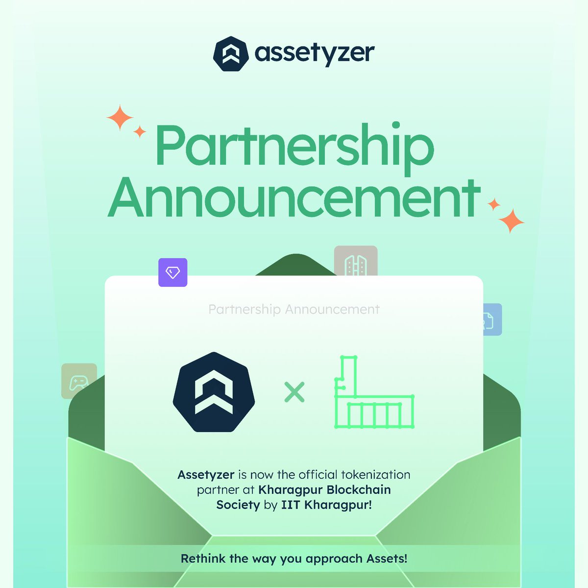 🚨Back with a bang!

🎉 Announcing a #partnership with Kharagpur Blockchain Society by <a href="/IITKgp/">IIT Kharagpur</a> 

<a href="/assetyzer/">Assetyzer</a> is now their official tokenization partner!

#NoMoreTicketScams #NoMoreFakeCertificates #TokenizedTicket #TokenizedCertificates #Tokenization #EventTech #summit #hackathon