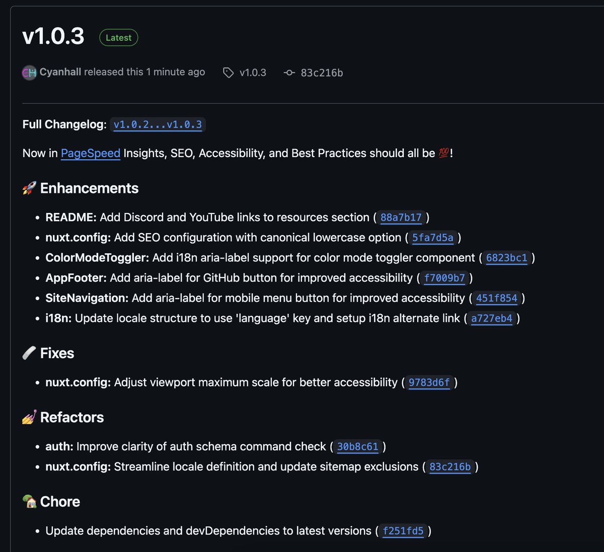 cyanhall's tweet image. NuxSaaS v1.0.3 is released! Now, PageSpeed Insights, SEO, Accessibility, and Best Practices scores should all be 💯!