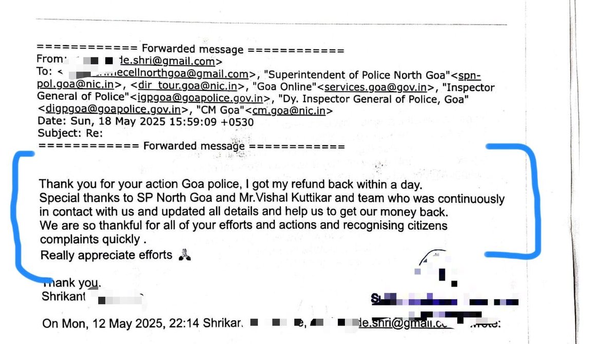 Grateful for the kind words from a citizen whose cyber fraud complaint was resolved swiftly by our team.

North Goa Police remains committed to prompt and people-first policing. 

⁦<a href="/DGP_Goa/">DGP Goa</a>⁩ ⁦<a href="/DrPramodPSawant/">Dr. Pramod Sawant</a>⁩