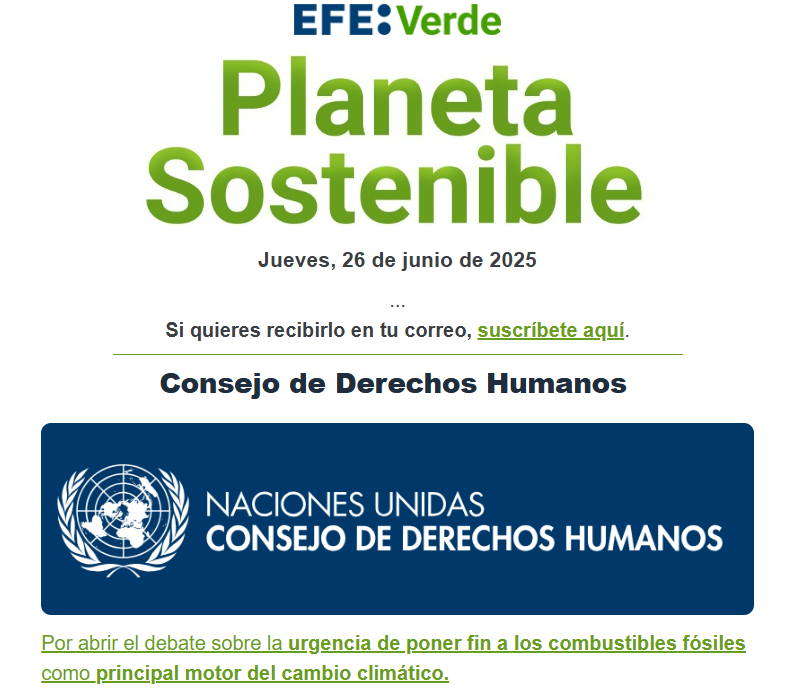El Consejo de Derechos Humanos de la ONU es el #PersonajeAmbiental de la semana en #PlanetaSostenible, de EFEverde, por abrir un debate histórico sobre el fin de los combustibles fósiles, principales motores del cambio climático
6fdk.r.sp1-brevo.net/mk/mr/sh/6rqJ8…
efeverde.com/consejo-derech…