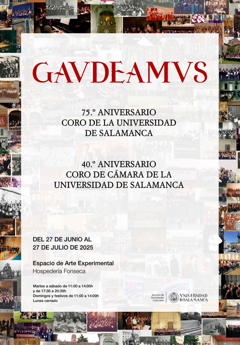 🎶 El Coro universitario repasa su historia con la exposición Gavdeamvs

🎞️ La muestra conmemora los 75 años de puesta en marcha del <a href="/CoroUSAL/">CoroUSAL</a> y 40 del Coro de Cámara de la <a href="/usal/">Universidad de Salamanca</a> 

🗓️ Hasta el 27 de julio
📍 Espacio de Arte Experimental de la Hospedería Fonseca