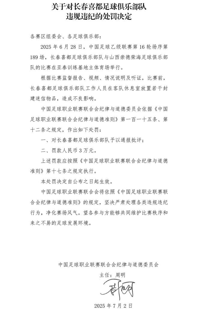 Changchun Xidu, a CL2 (third division) team, was fined by CFA for 30, 000 RMB (4186 USD). Reason? The club placed talismans in the changing room of the away team, cursing the rivals to lose. It seems to have taken effect: they won both of the past 2 home games.