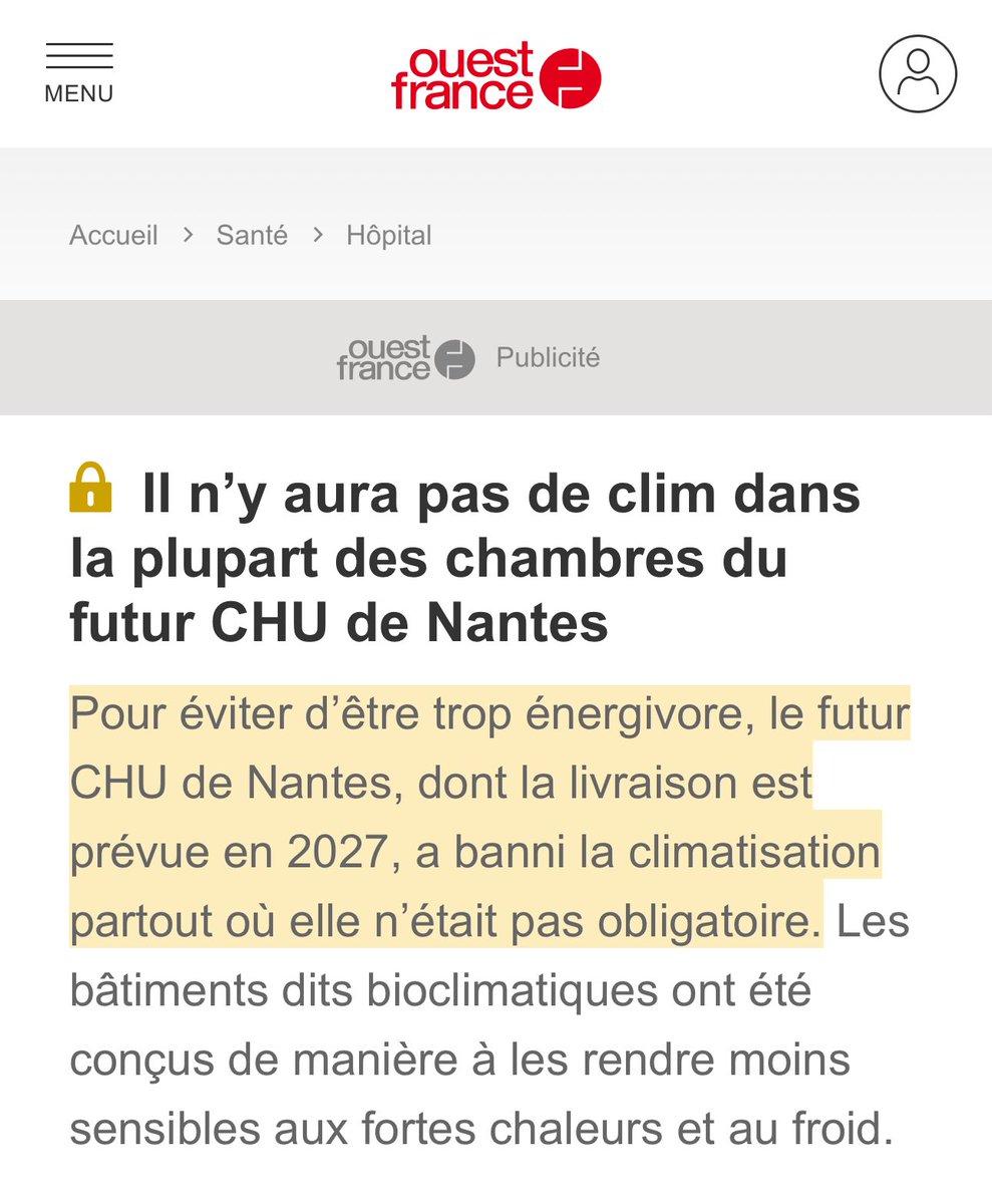 Ne rigolez pas 
Parce que ça n’est pas drôle
À Nantes un nouvel hôpital est prévu : magnifique 
1 milliard
Du verre partout
Accrochez vous : ils ont banni la climatisation !!! 
Mais ça sera « écologique » et … « confortable » !!!!