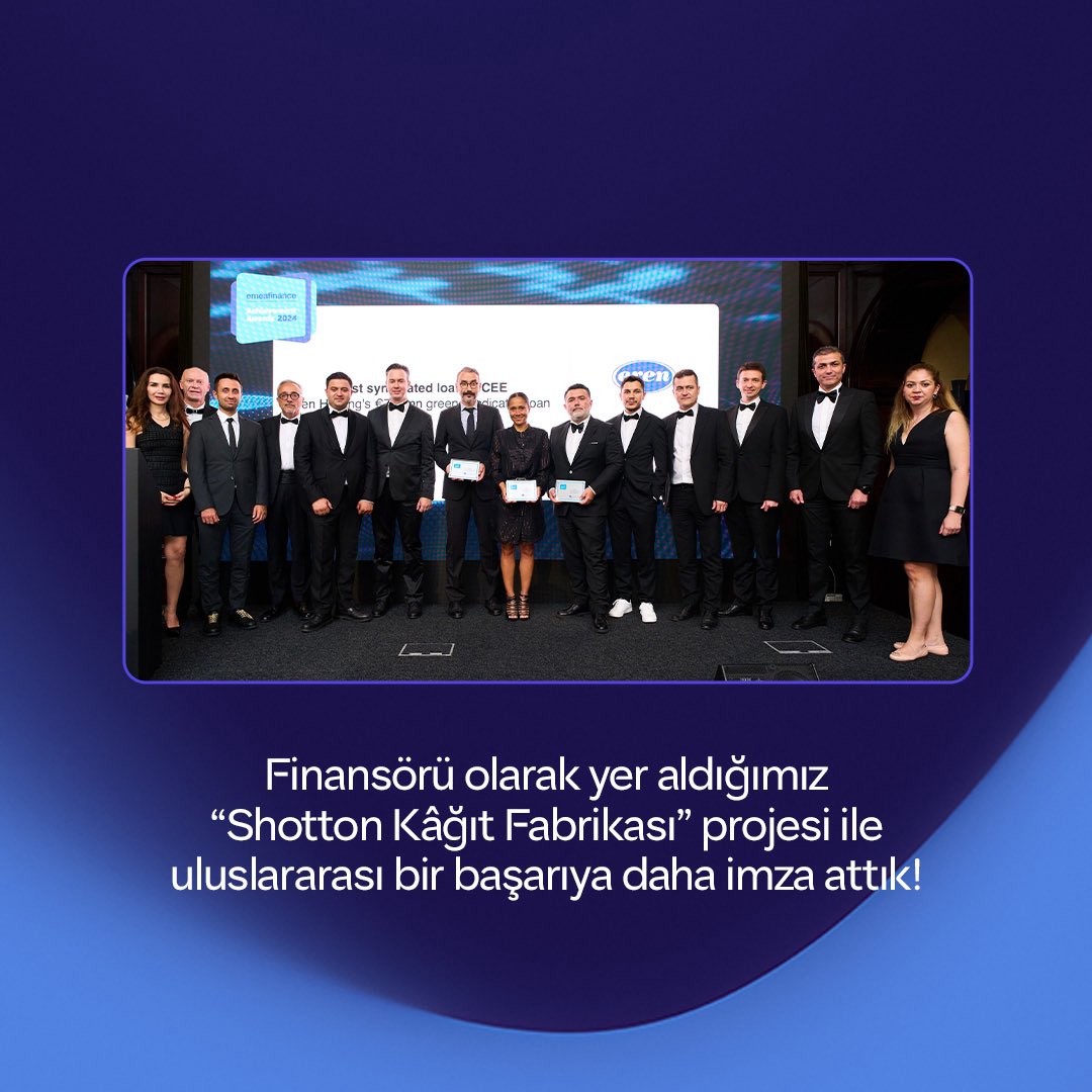 Finansörü olarak yer aldığımız "Shotton Kâğıt Fabrikası" projesinin EMEA Finance Awards 2024 kapsamında "Best Syndicated Loan in CEE" ödülüne layık görülmesinin mutluluğunu yaşıyoruz. Projenin önemiyle birlikte bankamızın sürdürülebilirlik, iş birliği ve finansal yapılandırmadaki