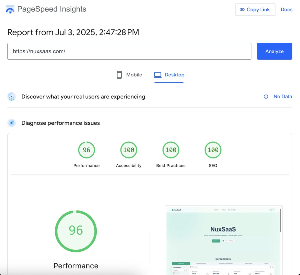 cyanhall's tweet image. NuxSaaS v1.0.3 is released! Now, PageSpeed Insights, SEO, Accessibility, and Best Practices scores should all be 💯!