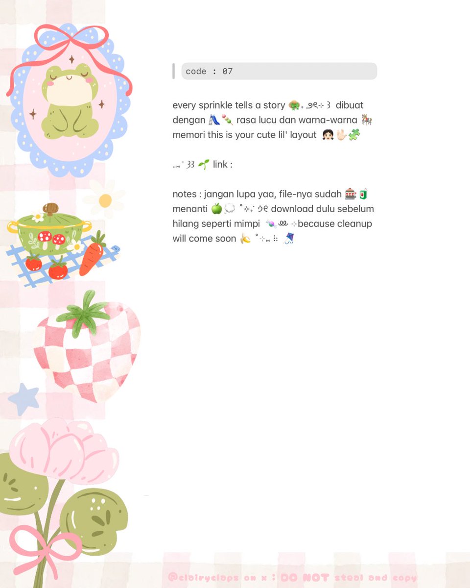 help retweet? thankies 🩷

aLO! aku datang lagi dengan membawa ready stock wording send result untuk BA LAYOUT ^^ 🍏🍡 sudah bisa kamu jemput sekarang dengan harga 5.000/each ya!

<jangan lupa mention after dm> 👒💬

taggie : #zonauang
